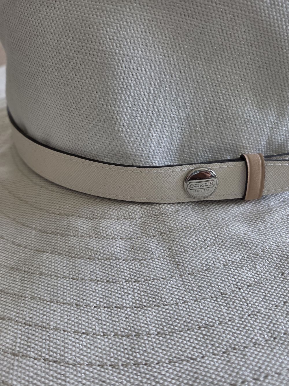 Coach Cream Canvas Hat with Leather Trim and Logo Medallion